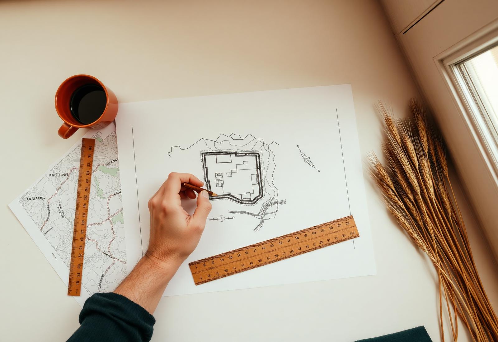 Hands sketching a site plan on a topographic map
